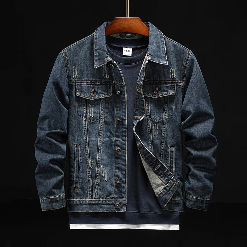 2020 Vintage Denim Jacket Embroidered Indian Slim Cowboy Light Blue Dark Long Sleeve Jeans Coat Large Size M-XXXL | Мужская одежда