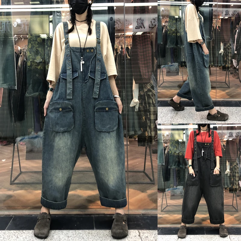 

Wide Leg Denim Jumpsuit Women Plus Size Street Hip hop Straight Overalls Drop Crotch Bib Jeans Baggy cowboy Boyfriend Rompers