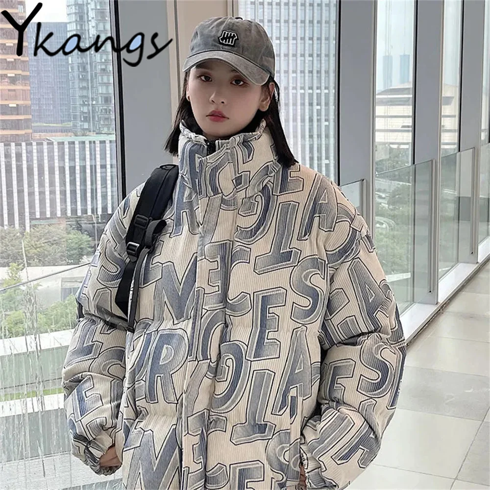 

Вельветовые куртки с хлопковой подкладкой, повседневные женские парки в стиле Харадзюку, трендовые пальто с принтом, зимние толстые женски...