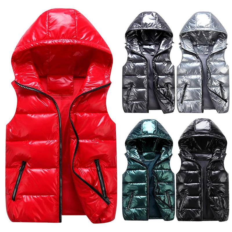 

2021 New Winter Vests Padded Jacket Sleeveless Coat Female Waistcoat Padded Coat Warm Hooded Slim Fit Bright Color Shiny