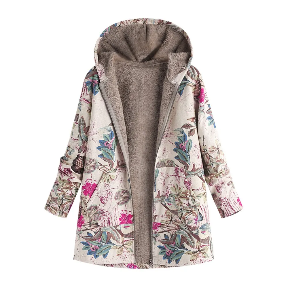 Autumn Winter Womens Jacket Coats Casual Warm Outwear Floral Print Hooded Pockets Vintage Oversize Ropa Mujer Windbreaker | Женская