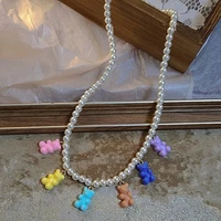korean harajuku rainbow resin bear white pearl beaded necklace for women handmade baroque pearl choker y2k girls party jewelry