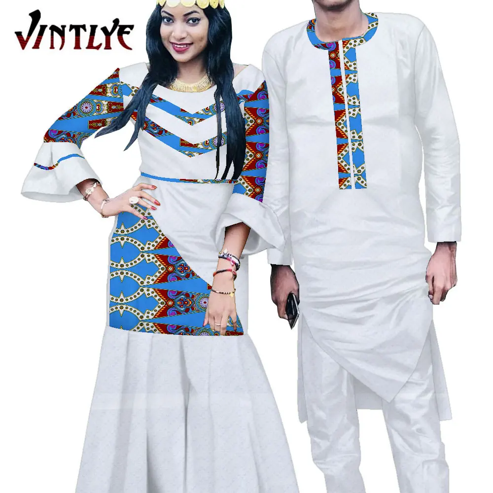 

African Clothes for Couple Dashiki Print Couples Matching Clothing Set Men Long Robe Suit and Women's African Dresses WYQ887