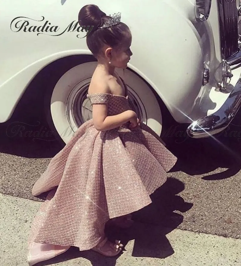 Блестящее розовое золото Цветочное платье для девочек Пышное Платье с высоким