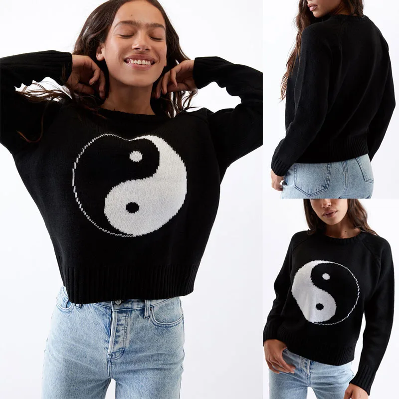 Женский Повседневный свитер черный вязаный пуловер с китайским принтом тай-чи и