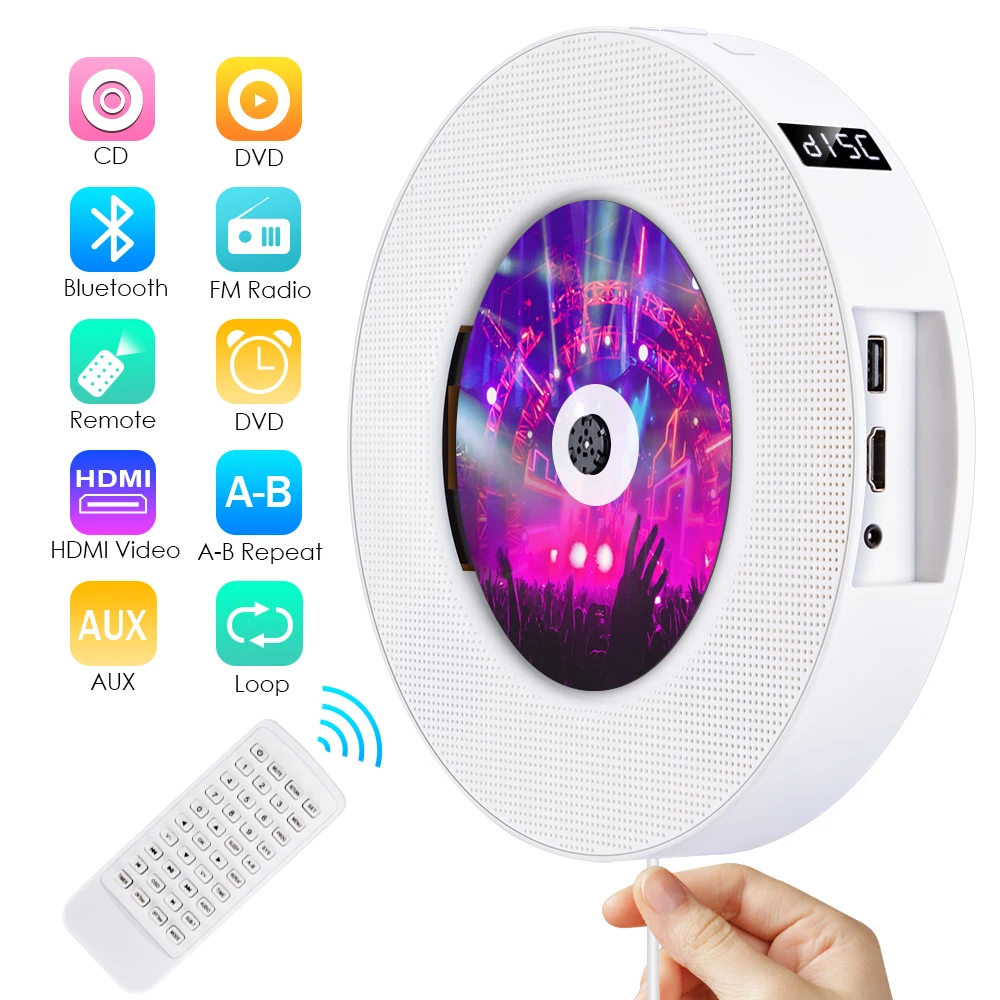 Qosea портативный настенный Bluetooth CD/DVD плеер USB светодиодный дисплей Hi Fi динамик