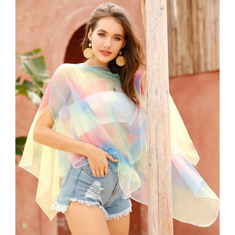 

New Women's Color Tie-Dye Mesh Yarn Irregular Collar Blouse Pink One Size