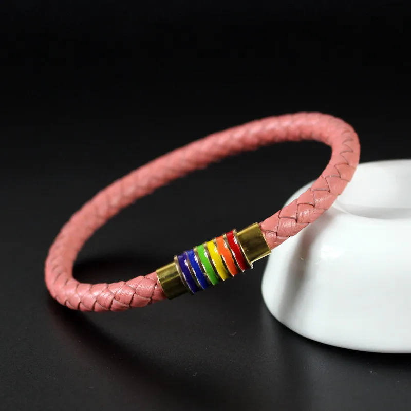 

New Brown Black Braided Genuine Leather Bracelet for Men Rainbow Charm Stainless Steel Accessories Couple Bracelet Women Jewelry