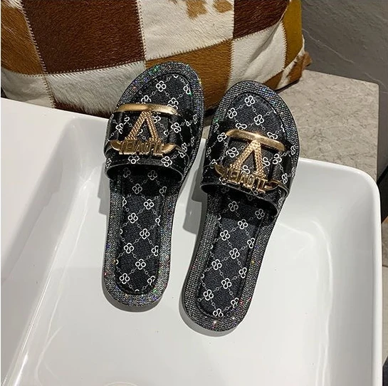 Summer Women Slippers Outdoor Ladies Slipper Luxury Designer Metal Button Letter Decoration Flat Beach Shoes Indoor Sandals | Обувь
