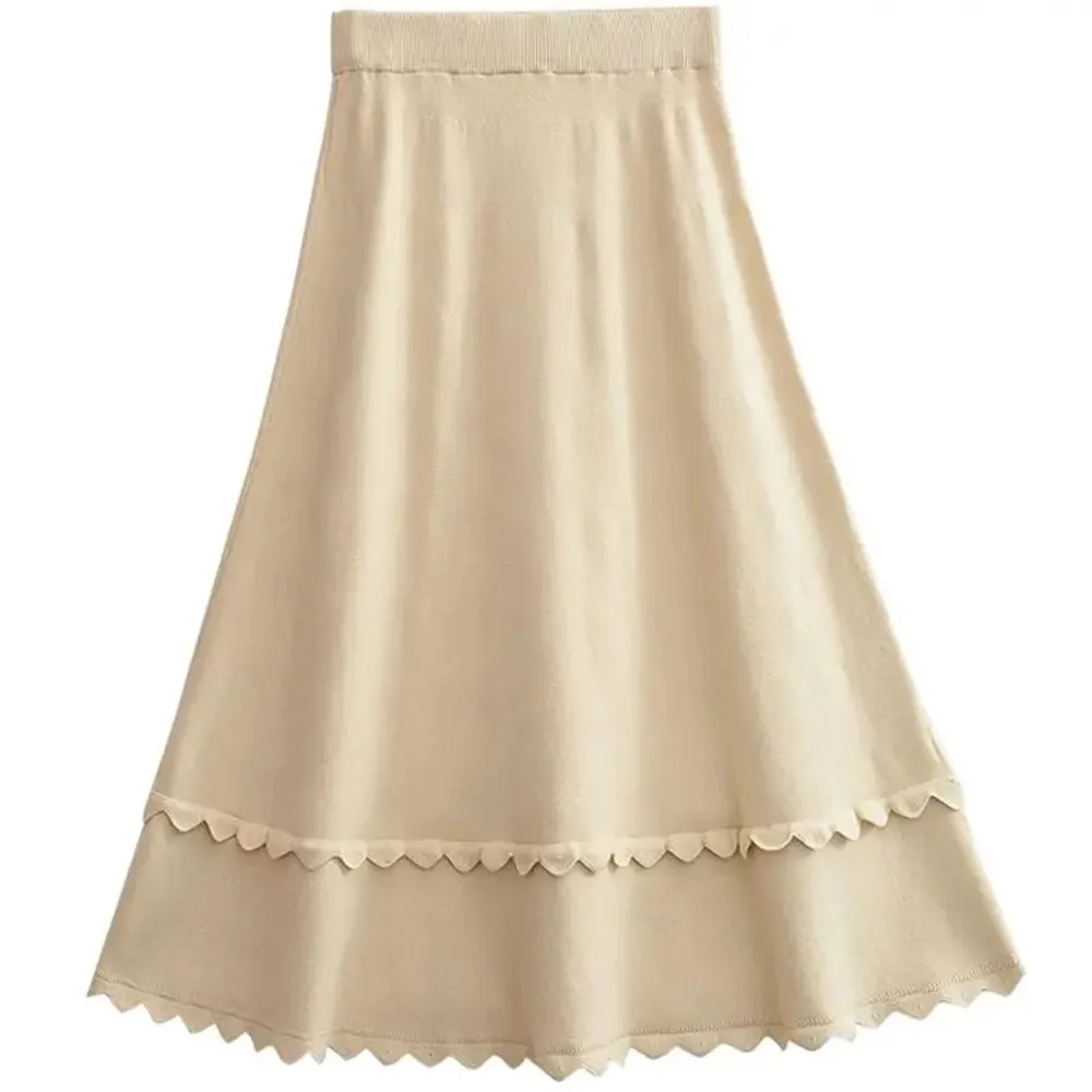 

Зимняя Мягкая вязаная юбка для женщин, длинная Повседневная теплая уютная тянущаяся однотонная черная юбка с оборками на осень, элегантная ...