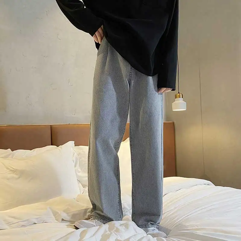 

2021 Spring and Autumn Loose Striped Jeans Men's Trendy Wide Leg Pants Mid Waist Daily Men Casual Denim Pants