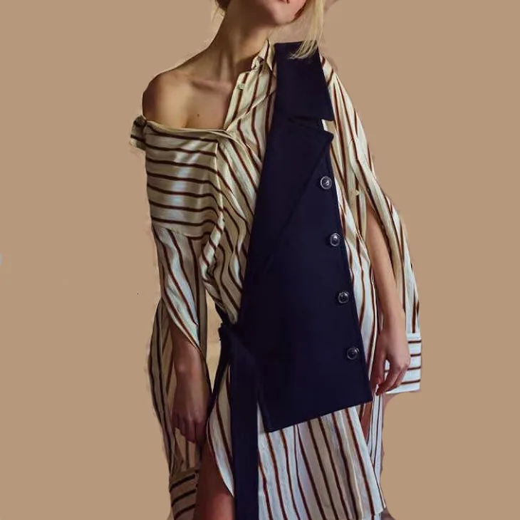 Женский комплект из двух предметов свободная длинная полосатая блузка оверсайз