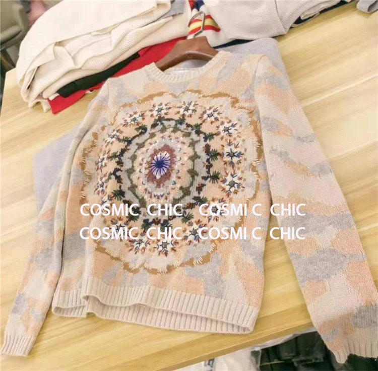 Cosmicchic кашемировый свитер с вышивкой женский вязаный пуловер с длинными рукавами высокое качество элегантный калейдоскоп женский топ