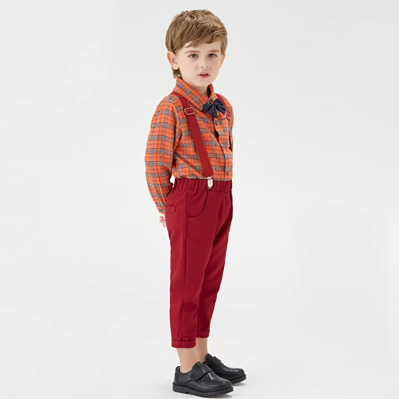 

Top and Top Fashion Plaid Style Autumn Winter Boys Casual Clothes Long Sleeve Bowtie Shirt+Suspender Pant Kids Gentleman Outfits