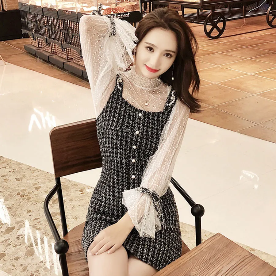 Two Pieces Set Mesh Tops Spaghetti Strap Dress Sexy Lantern Sleeve Mini Vest Dresses Ladies Fashion Elegant Party Dress New