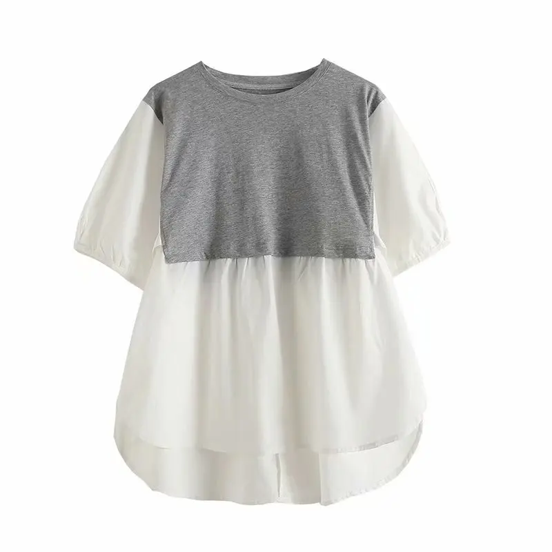 

high waist loose long blouse women summer short sleeve spliced blouse shirt casual streetwear loose tops soft blouse