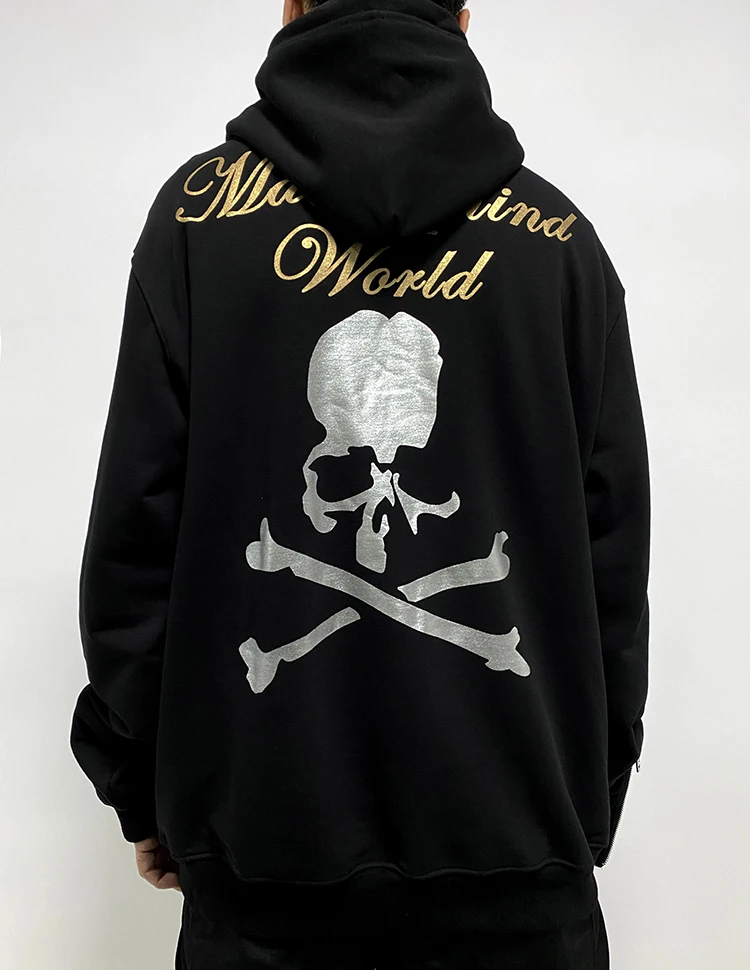 

2021 MMJ black bronzing silver print hoodies dark loose MASTERMIND pullover cuffs zipper skull sweatshirt WY389