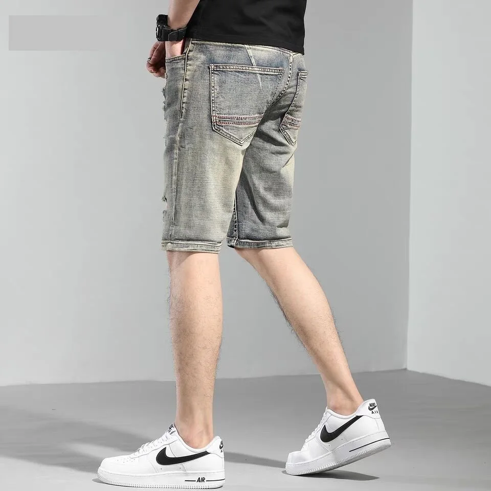 

2021 Men's New Retro Hole Denim Shorts Slim Skinny Knee Popular Length Stretch Jeans