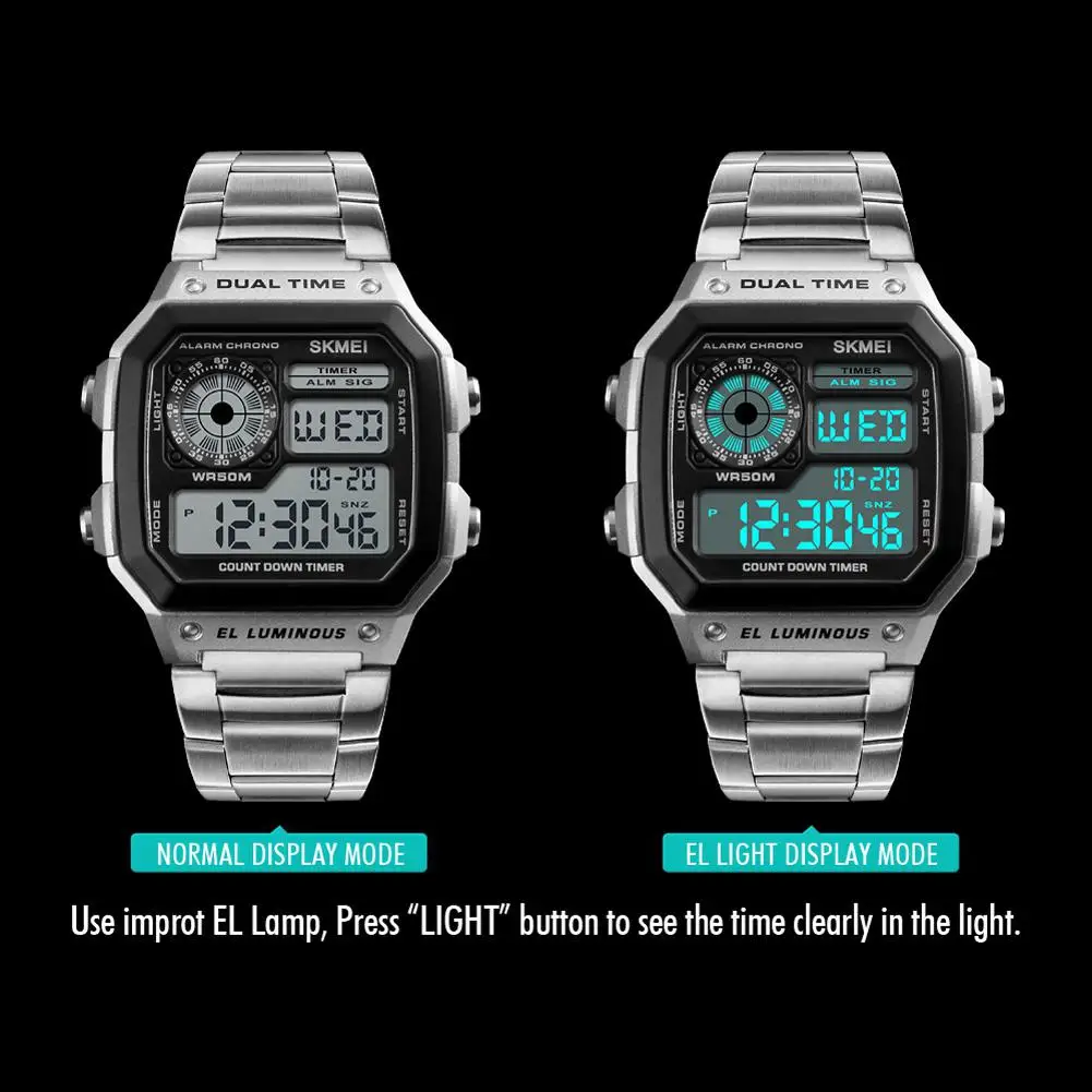 

LinTimes Men Quartz Watches Square Digital Watch Date Week Stopwatch EL Light Waterproof Alarm Sports Wristwatch For Male