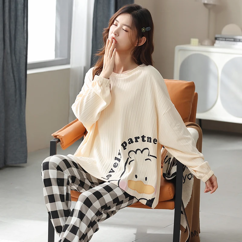 CAIYIER Spring Autumn Women's Sleepwear New Cute Cartoon Cotton Pajamas Winter Big Size 3XL Loungewear Home Clothing Homewear