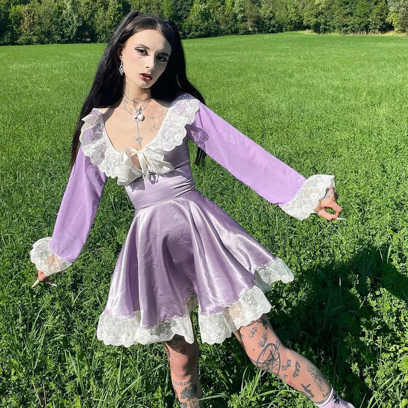 

Lovely Schoolgirl Soft Long Sleeve Pink Dress Chiffon Lantern Sleeve Dresses Patchwork Lace Lolita Casual Dress Women Dress