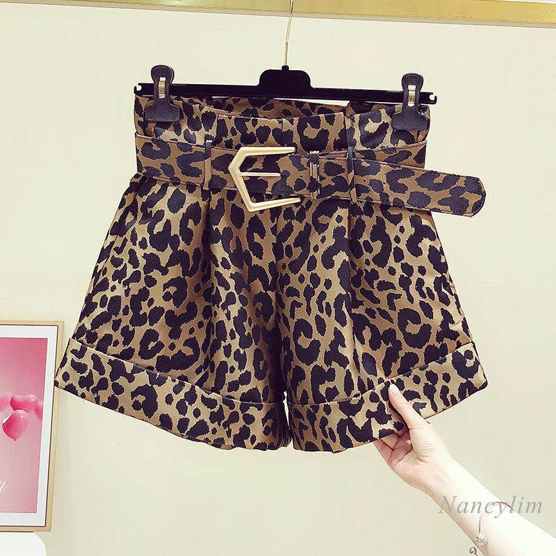 Leopard-Print Shorts Woman 2021 Summer New Fashion High Waist Wide-Leg Casual Female Lady Short Trousers with Belt