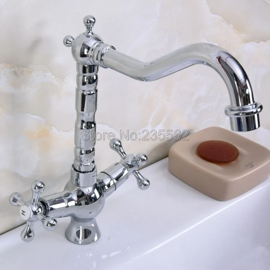 

Basin Faucets Polished Chrome Bathroom Sink Faucet Swivel Spout Double Cross Handle Bath kitchen Mixer Hot and Cold Tap Lnf922