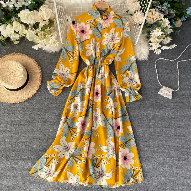 

2021 New Spring Summer Ladies Button Dress Floral Print Long Sleeve Casual Medium Waist Bow Tie Street Style Women's Dress