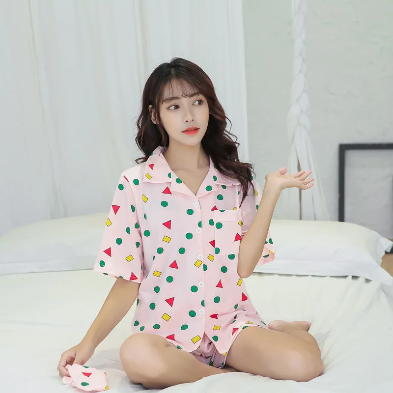 Short Sleeve Pajamas Set for Women Cotton Sleepwear 2Pcs Nightwear  Cute Print Homewear Summer Lounge Pyjamas