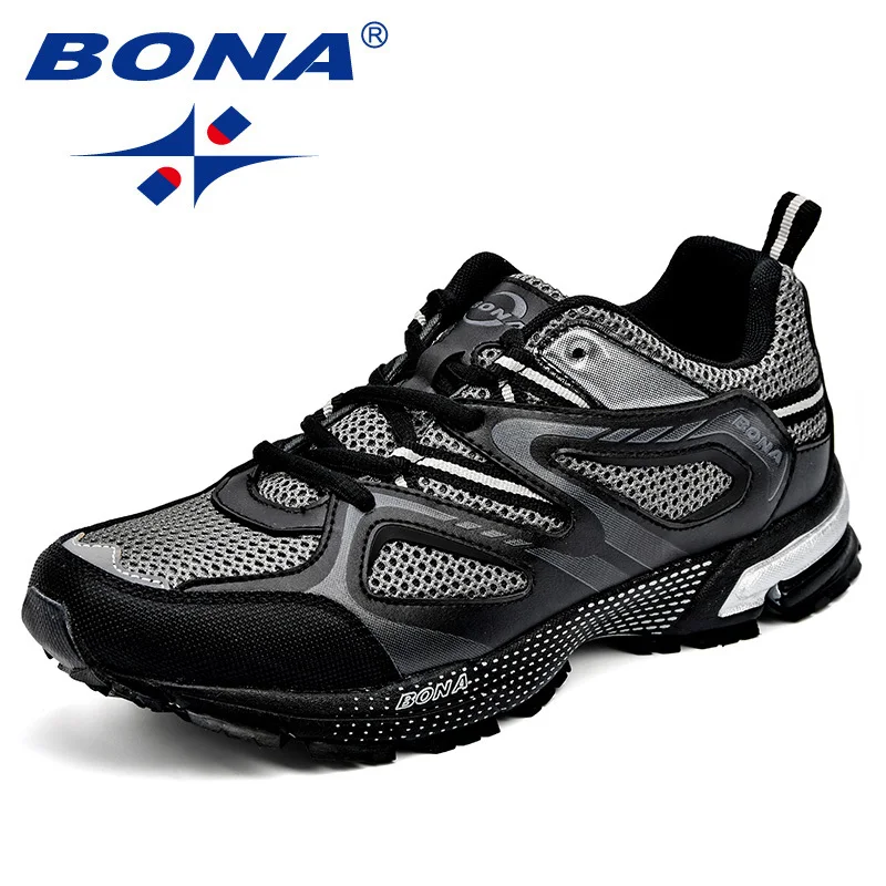 Black Silver Grey BONA/Новое поступление; классические стильные мужские кроссовки из яловичного спилка с сеткой; Мужская Спортивная обувь на шнуровке для бега на открытом воздухе; Zapatos de hombre - Цвет: Black Silver Grey