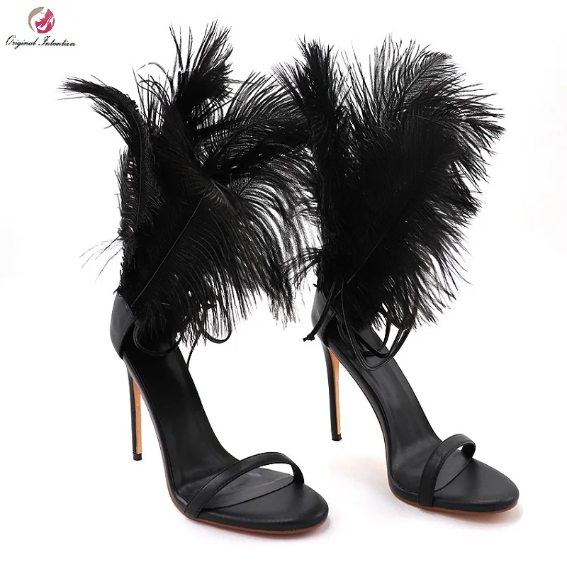

Original Intention Women Sexy Party Wedding Sandals PU Microfiber Cover Heel Lace-Up Thin Heels Cross-Tied Feathers Size 34-45