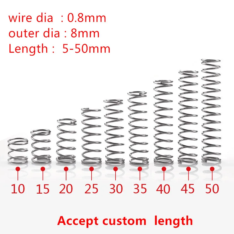 

10Pcs/lot 0.8mm 0.8x8mm Stainless Steel Compression Spring wire diameter 0.8mm outer diameter 8mm length 10-50mm