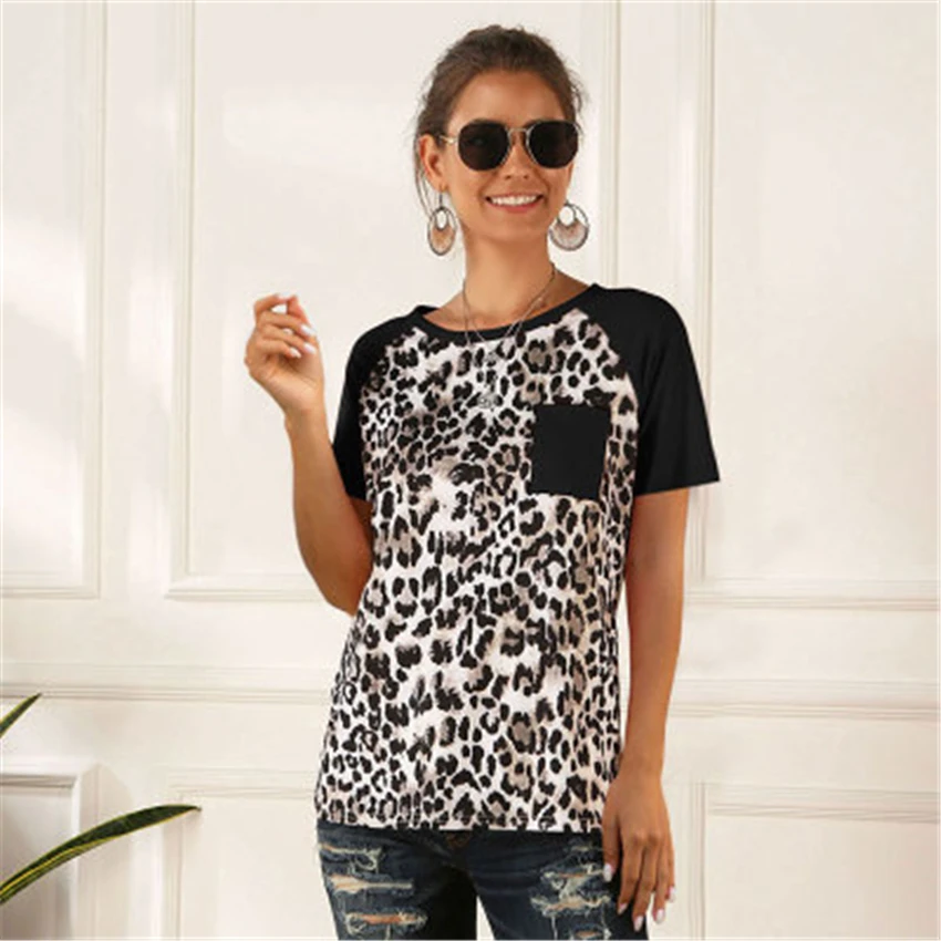 Женская футболка с леопардовым принтом летняя коротким рукавом и круглым