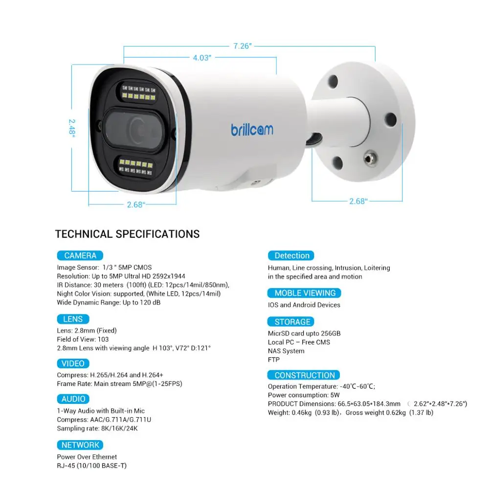 Brillcam 5MP UHD двойной светодиодный Пуля IP Камера с 2 8 мм Len PoE IP67 всепогодный AI SD слот