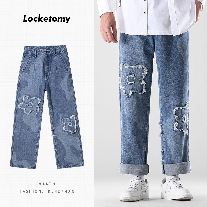 

Men's Jeans Trend Loose Straight Leg Wide-leg Pants Casual Pants Ripped Patch Pants Fashion Streetwear Men Pants Мужские джинсы