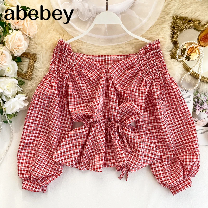 

Motif Tartan V Cou Blouses Mode Coreenne Hors epaule Bandage Chemisier Mignon elegant Feminin Manches Bouffantes Haut Volant