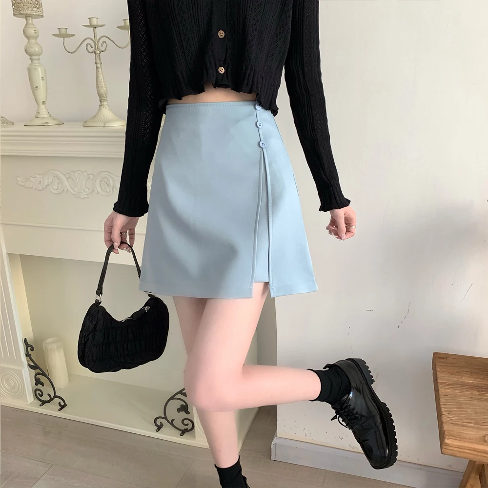

Women's Irregular Anti-glare Mini Skirt Korean Clothes High Waist Slim Short Skirts Female Summer Elegant Buttons A-line Skirt