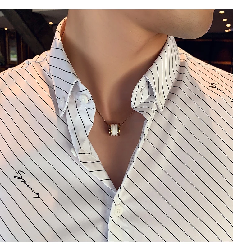 Chemise Homme британский стиль Для мужчин рубашка в полоску с длинными рукавами, высокое качество, отложной воротник, деловая, общественная рубашки Для мужчин клубный костюм-смокинг