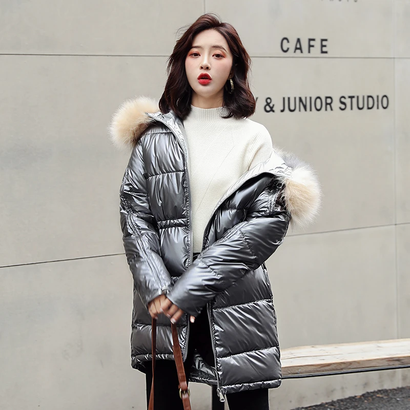 

Unua amo Women's Parka Hooded Fur Collar Winter Jacket 2020 Stylish Glossy Waterproof Warm Mid-long Puffer Bubble Coat
