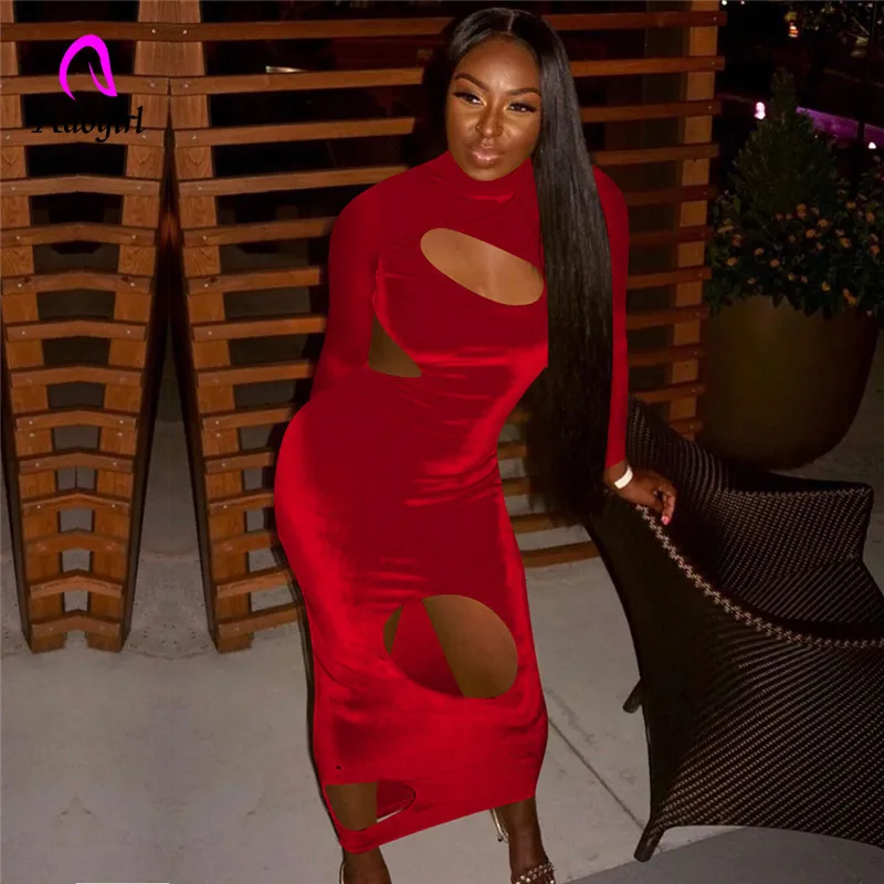 Красное бархатное платье с высоким воротом рождественское Прозрачное дырками и