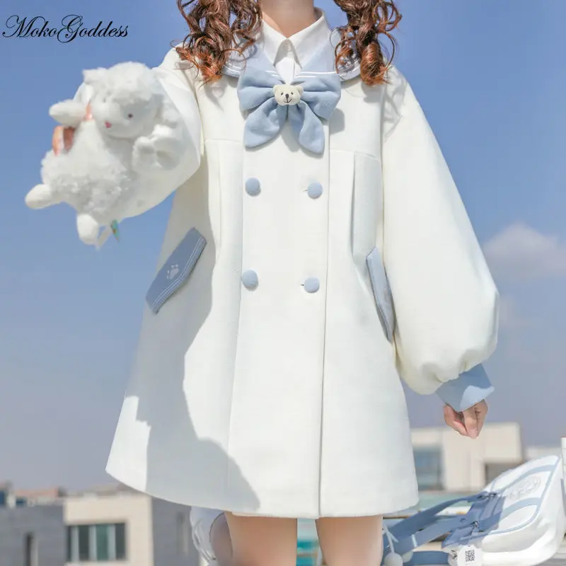 

Женское пальто из искусственной шерсти Lolita, утепленная мягкая хлопковая куртка с воротником-бантом в морском стиле для девушек, Осень-зима