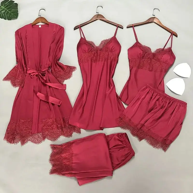 

Burgundy Satin Pajamas Set Women Pajamas Set Lace Patchwork 5PCS Sleepwear Femme Robe Suit Sexy V-neck Sleep Set Home Wear