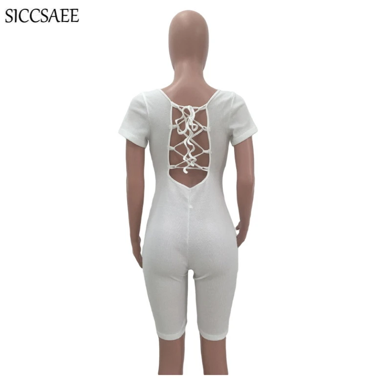

Knitted Bandage Playsuits Knee Length Ribbons Lace Up Open Back Bodycon Bodysuit Sexy One Piece Jumpsuit Solid Color Tight Fit