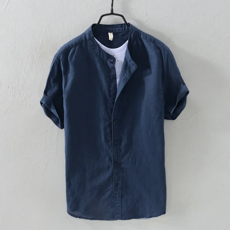 

New summer cotton hemp casual stand collar shirt men's short sleeve trend handsome men's shirt 740