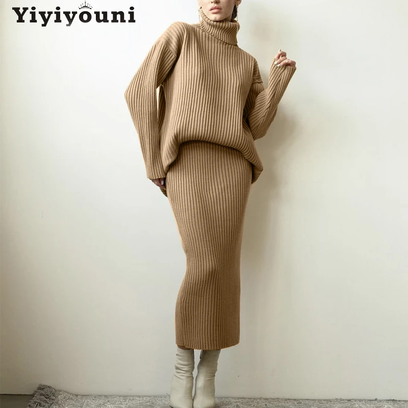 

Yiyiyouni Winter Turtleneck Sweater Knitting Sets Women Solid Pullovers and Mid-Calf Skirt Two-Piece Female Elegant Suits 2021