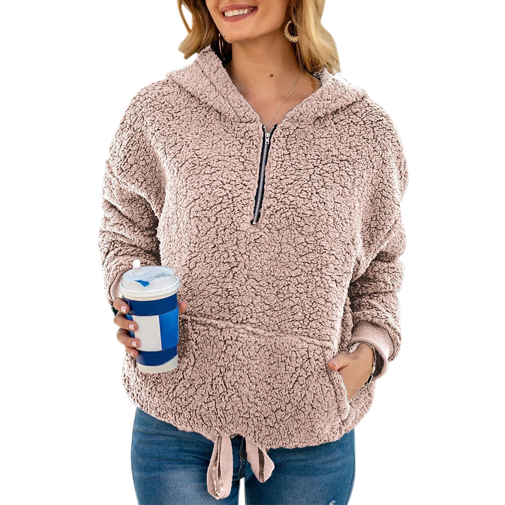 

Winter Women Pullovers Pure Color Casual Full Sleeve Hooded Zipper Sweatshirts Big Pocket Plush Drawstring Warm Hoodies