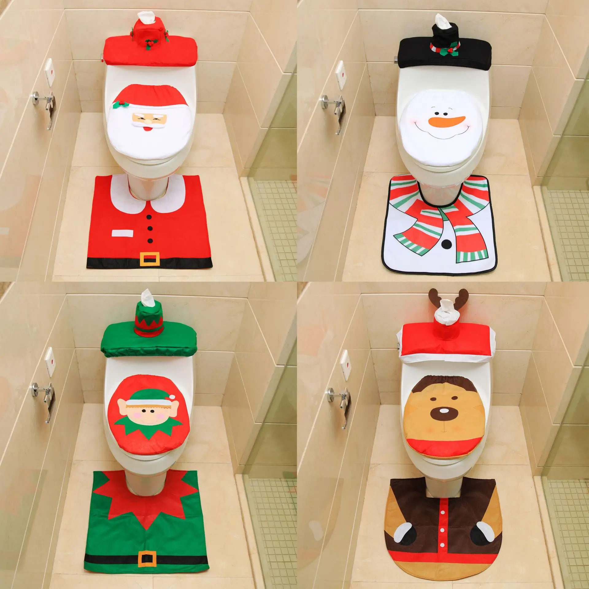 

2020 Santa Claus toilet cover Santa Claus toilet cover + floor mat + water tank cover + tissue cover home decor