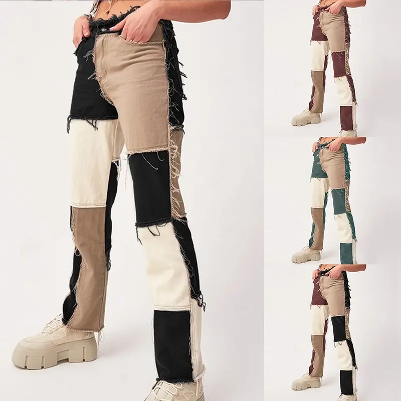 Джинсы женские прямые в стиле пэчворк с высокой талией и карманами|Прямые джинсы|