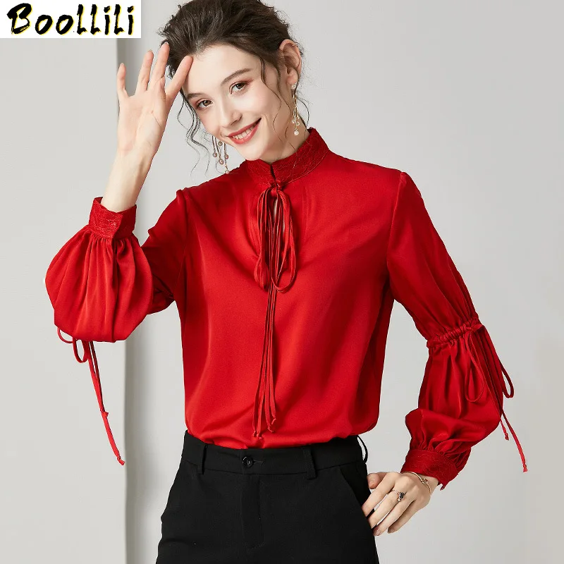 Boollili Real Silk Shirts Womens Tops and Blouses Long Sleeve Blouse Spring Autumn Vintage Blusas Mujer De Moda 2020