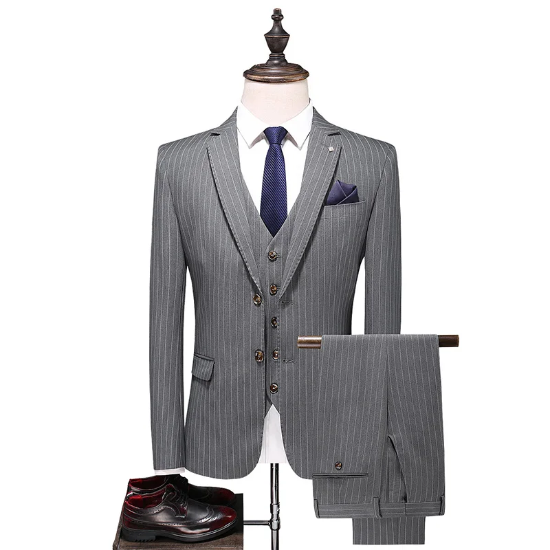 

Asian size 2021 Latest Korean style Men's Suit 3-piece Set Slim Trend Fashion Stripe Printing Business Casual Office Formal Suit
